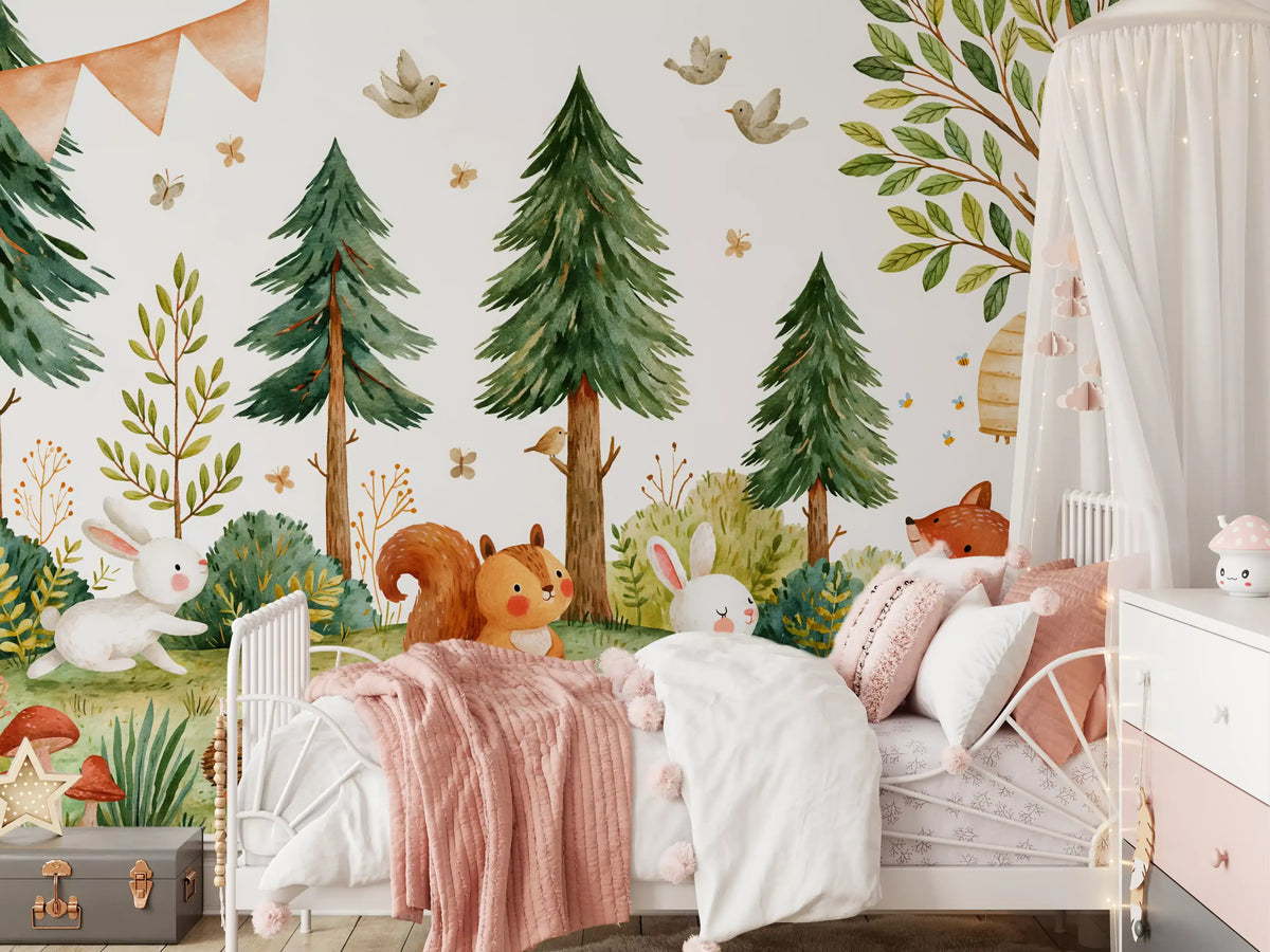 Forest wallpaper in a girls bedroom with soft pink bedding GD13116