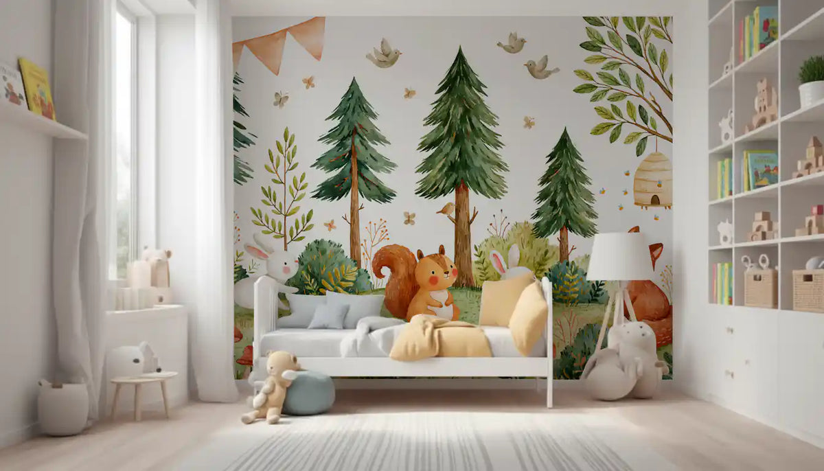 Forest wallpaper on a bright white nursery wall with a small cot GD13116