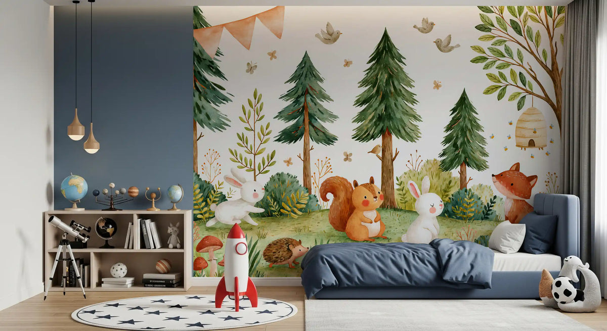 Woodland forest mural in a kids room with a blue bed and rocket rug GD13116