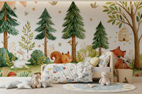 Forest animal mural in a child bedroom with a telescope and toys GD13116