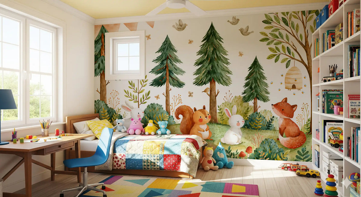 Woodland forest mural in a playroom with a colourful patchwork quilt GD13116