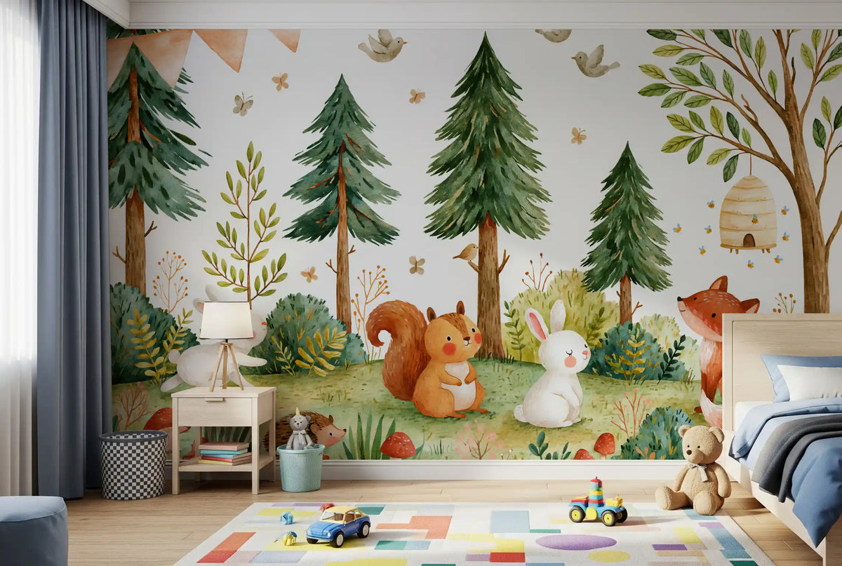 Forest wallpaper in a boys room with a car play rug and toys GD13116