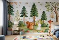 Forest wallpaper in a boys room with a car play rug and toys GD13116