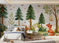 Forest wallpaper behind a kids bed with a white nightstand GD13116