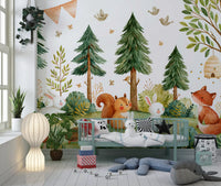 Forest animal wallpaper behind a nursery crib with soft toys GD13116