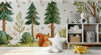 Forest animal mural in a nursery with a star cushion and open shelf GD13116