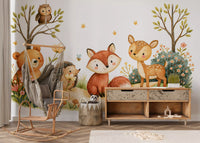 Whimsical Autumnal Forest Friends Watercolor Scene Wall Mural