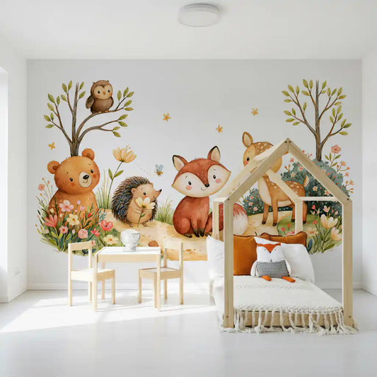 Whimsical Autumnal Forest Friends Watercolor Scene Wall Mural