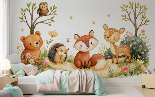 Whimsical Autumnal Forest Friends Watercolor Scene Wall Mural