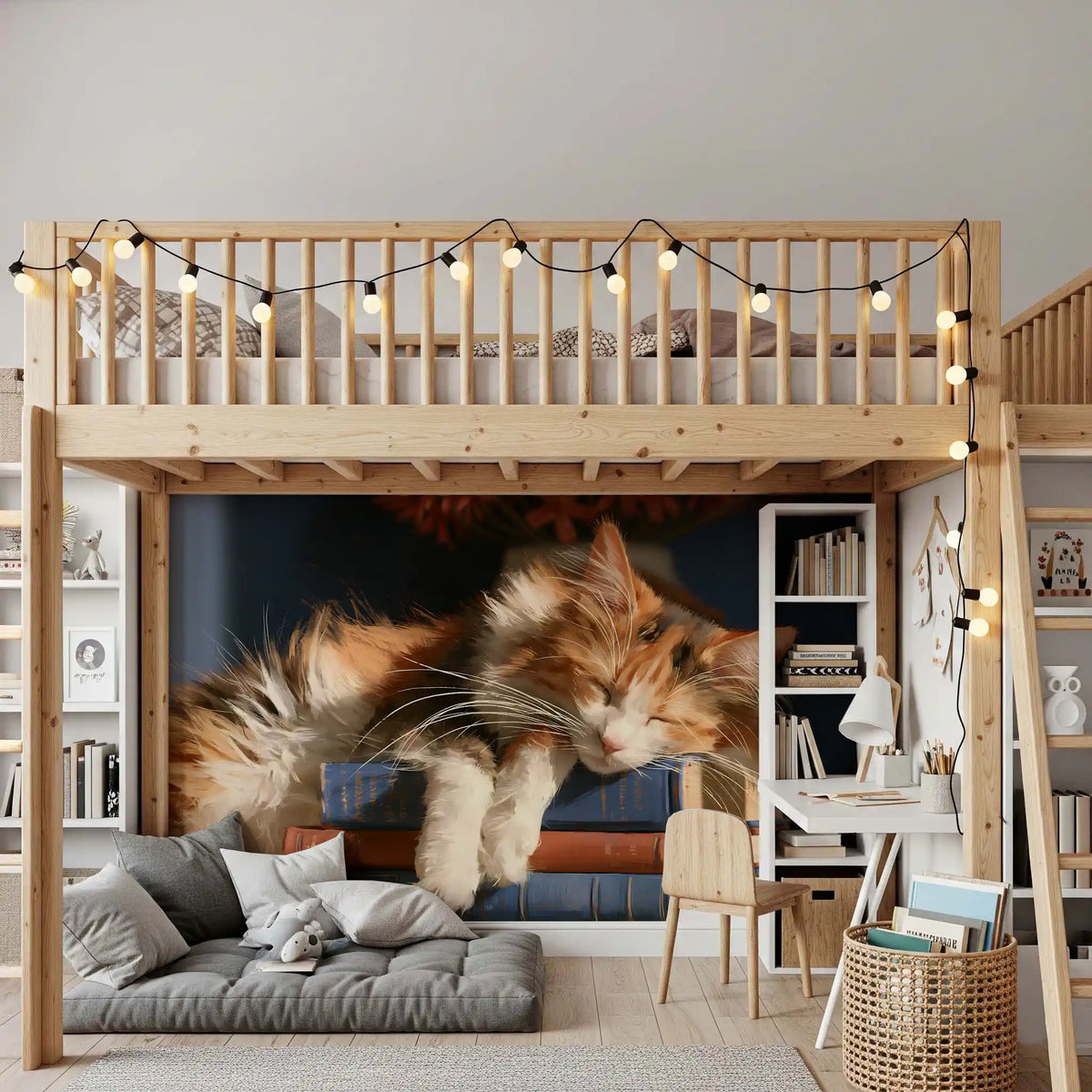 Calico cat book mural in a loft bed room with string lights GD13118