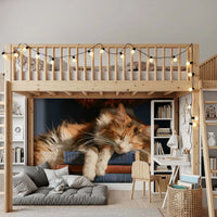 Calico cat book mural in a loft bed room with string lights GD13118