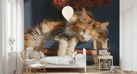 Calico cat book mural in a bright room with a rattan chair GD13118