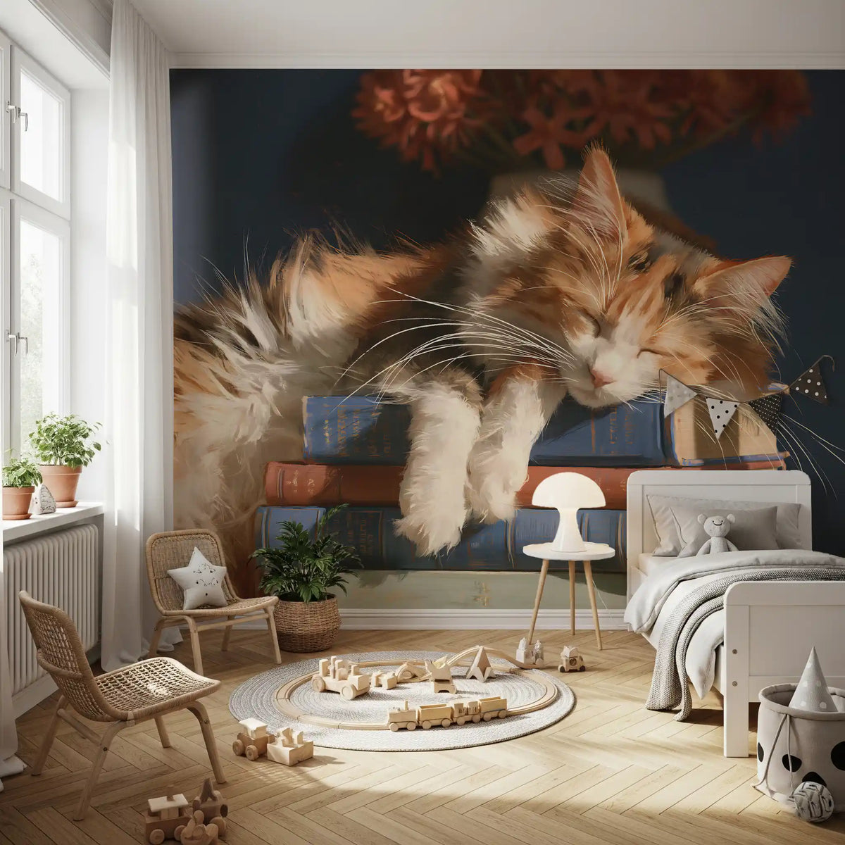 Calico cat mural in a kids room with wooden toys and a bed GD13118