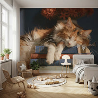 Calico cat mural in a kids room with wooden toys and a bed GD13118