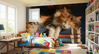 Cat wallpaper in a kids room with a patchwork quilt and desk GD13118