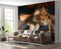 Cat wallpaper mural in a living room with a grey sofa GD13118