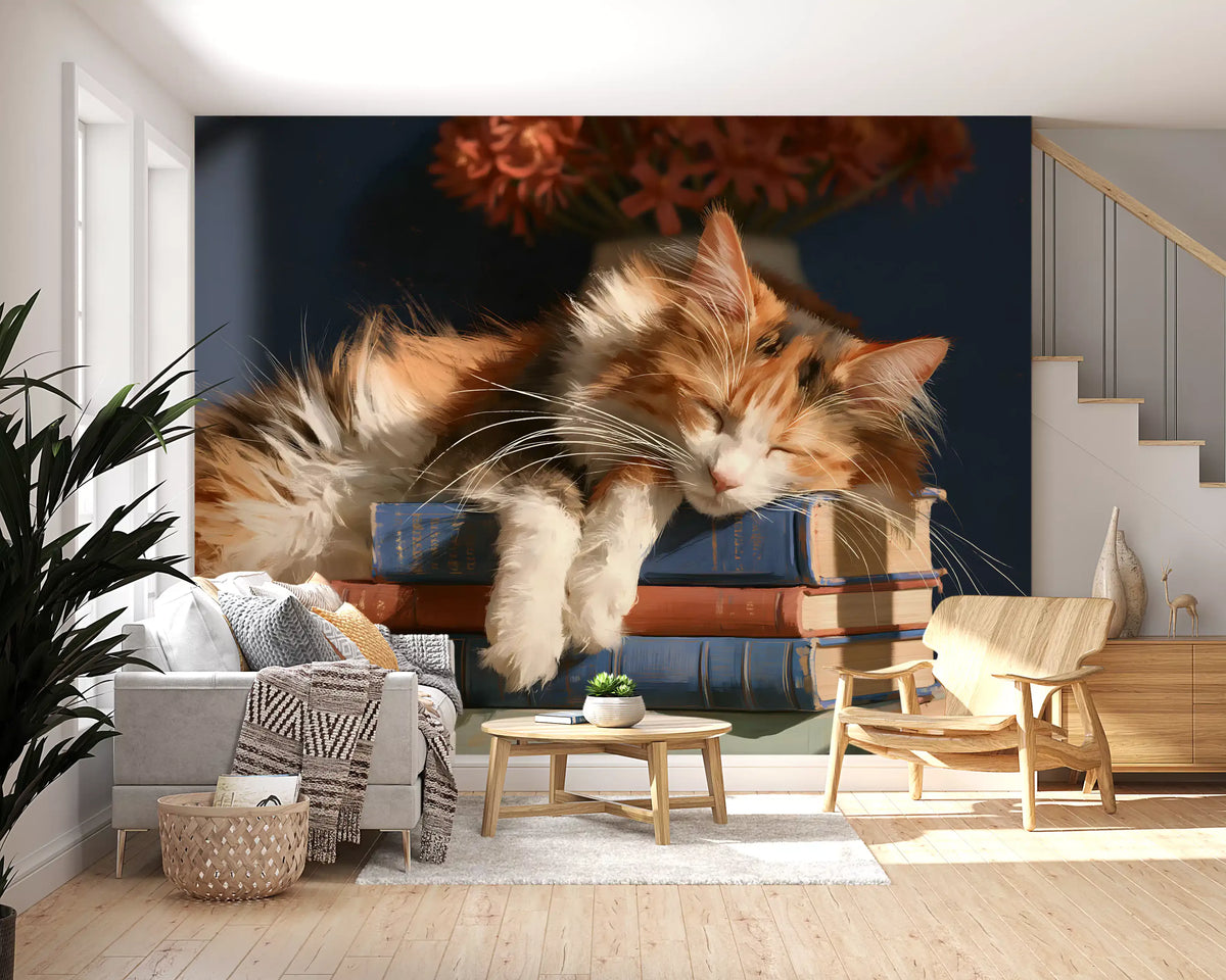 Cat wallpaper in a living room with a grey sofa and rocker GD13118