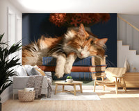 Cat wallpaper in a living room with a grey sofa and rocker GD13118