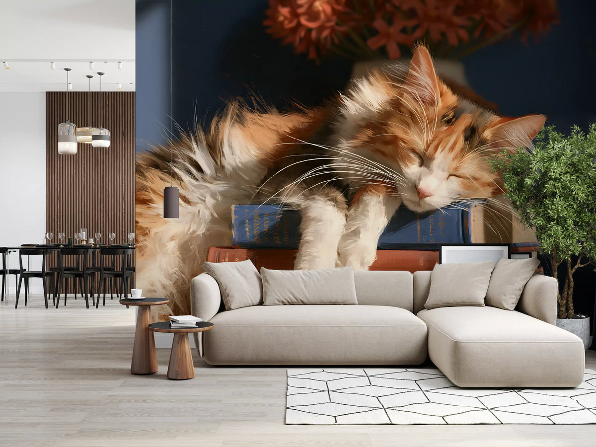 Cat wallpaper in a dining room with a cream corner sofa GD13118