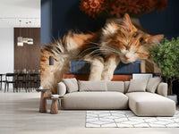 Cat wallpaper in a dining room with a cream corner sofa GD13118