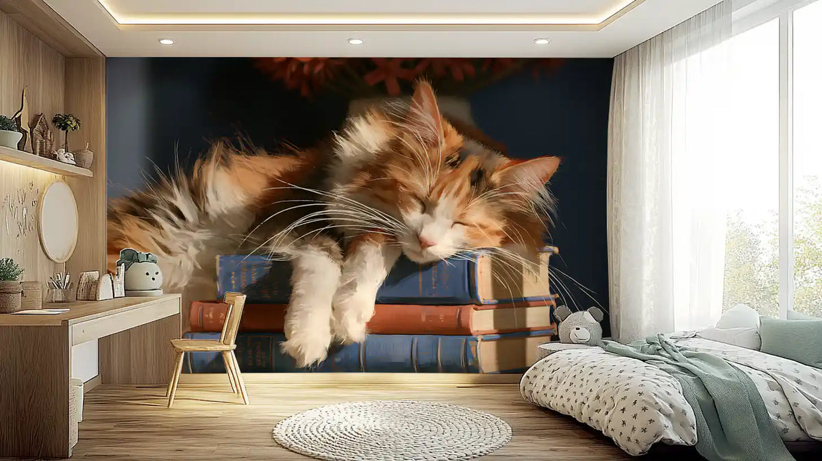 Calico cat mural behind a dressing table with a round mirror GD13118