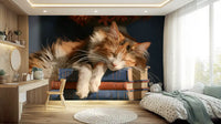 Calico cat mural behind a dressing table with a round mirror GD13118