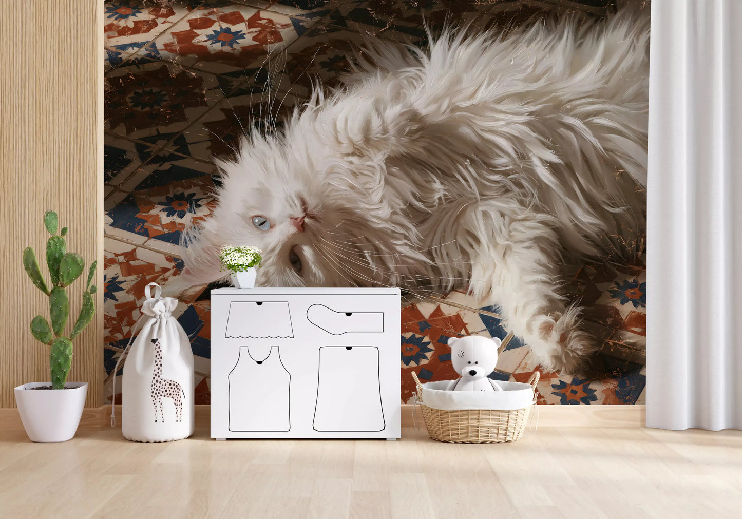 White Persian Cat on Mediterranean Tiles Wall Mural