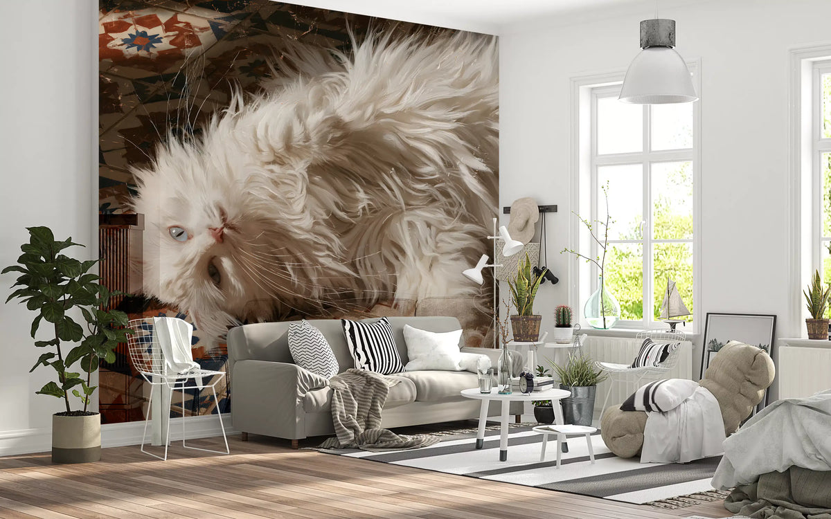 White Persian Cat on Mediterranean Tiles Wall Mural