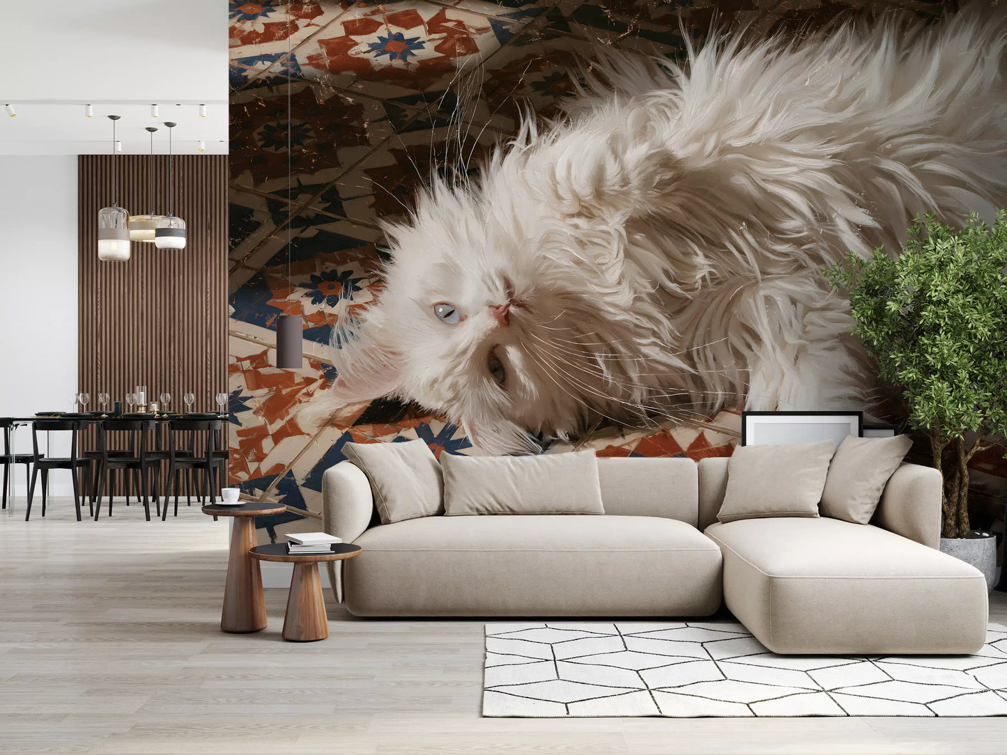White Persian Cat on Mediterranean Tiles Wall Mural