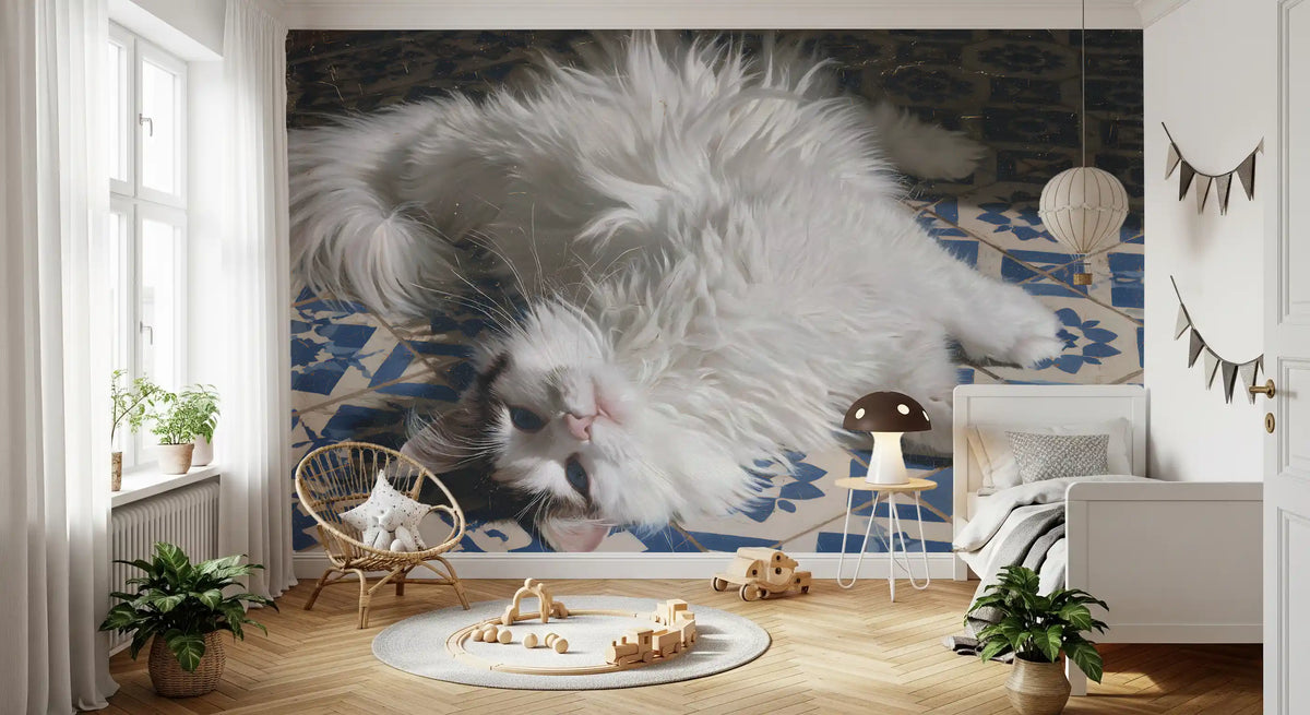 Resting Fluffy Cat on Mediterranean Tiles Wall Mural