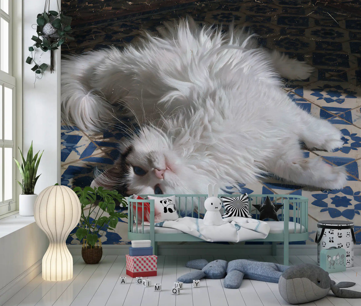 Resting Fluffy Cat on Mediterranean Tiles Wall Mural