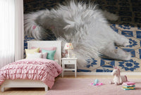 Resting Fluffy Cat on Mediterranean Tiles Wall Mural