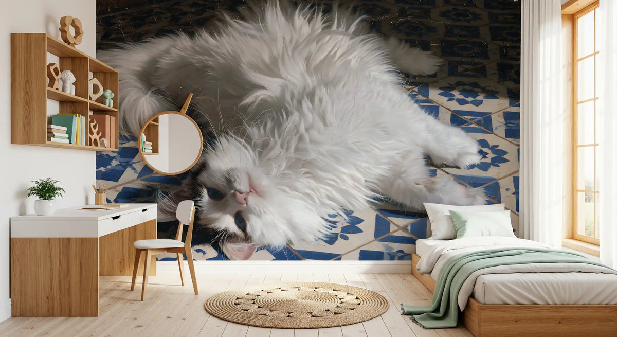 Resting Fluffy Cat on Mediterranean Tiles Wall Mural