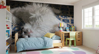 Resting Fluffy Cat on Mediterranean Tiles Wall Mural