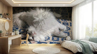 Resting Fluffy Cat on Mediterranean Tiles Wall Mural