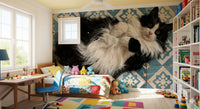 Rustic Blue Tiled Cat Portrait Wall Mural