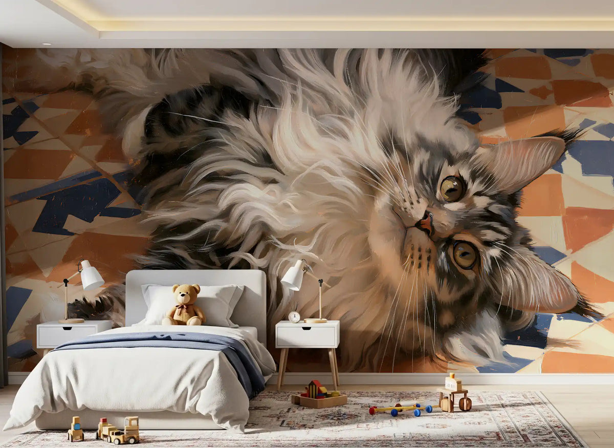 Resting Fluffy Tabby on Mediterranean Tiles Wall Mural