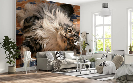 Resting Fluffy Tabby on Mediterranean Tiles Wall Mural