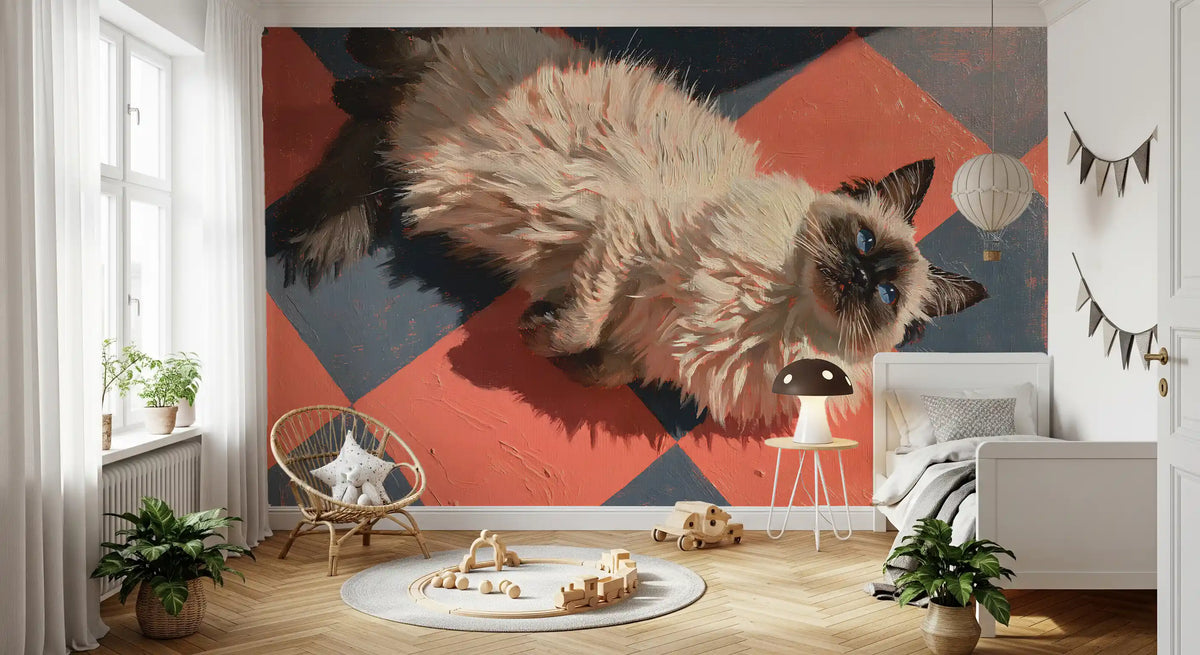 Cat wallpaper of a Ragdoll on checkered tiles in a kids bedroom with rattan chair GD13124