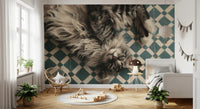 Resting Maine Coon on Geometric Tile Wall Mural