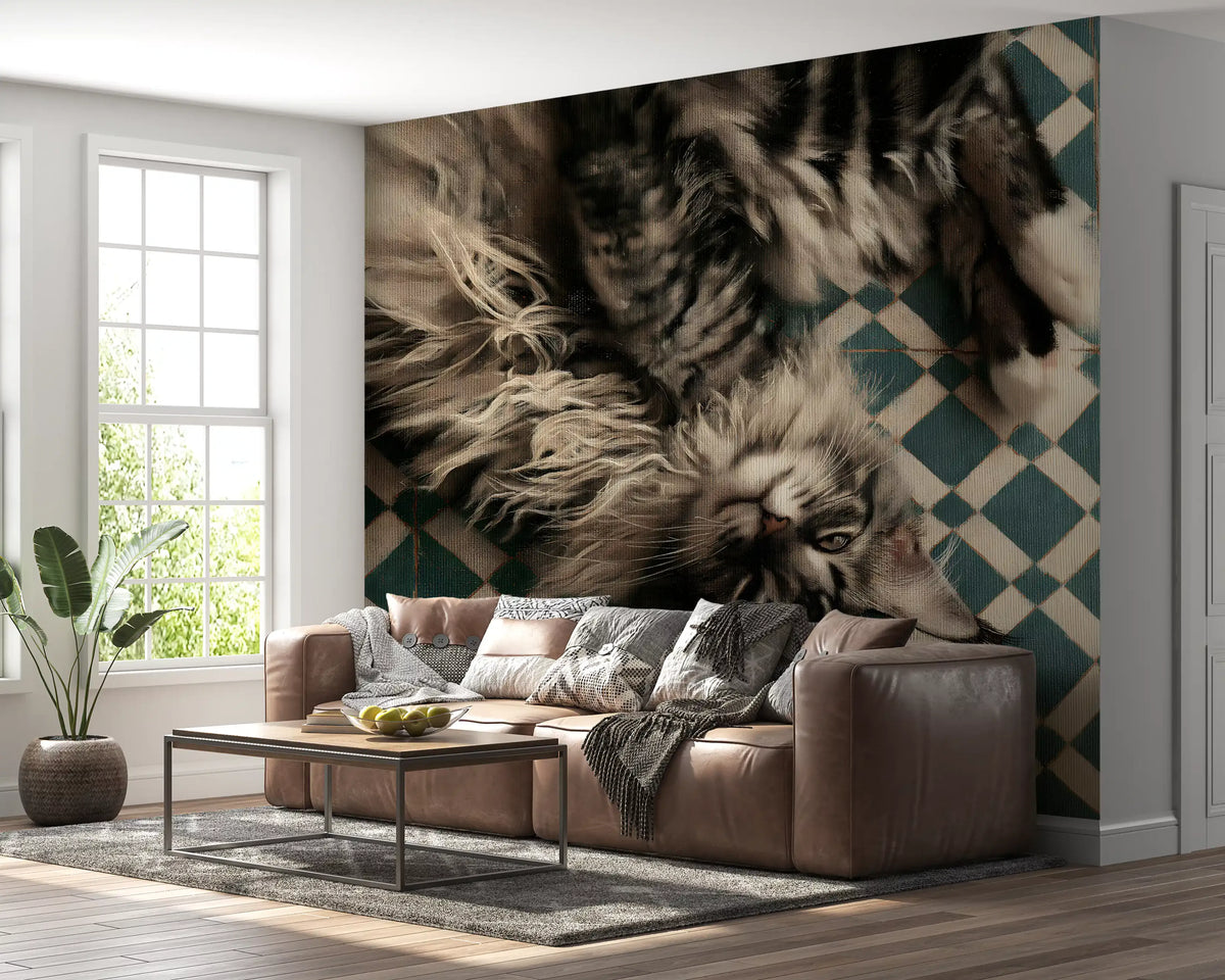 Resting Maine Coon on Geometric Tile Wall Mural
