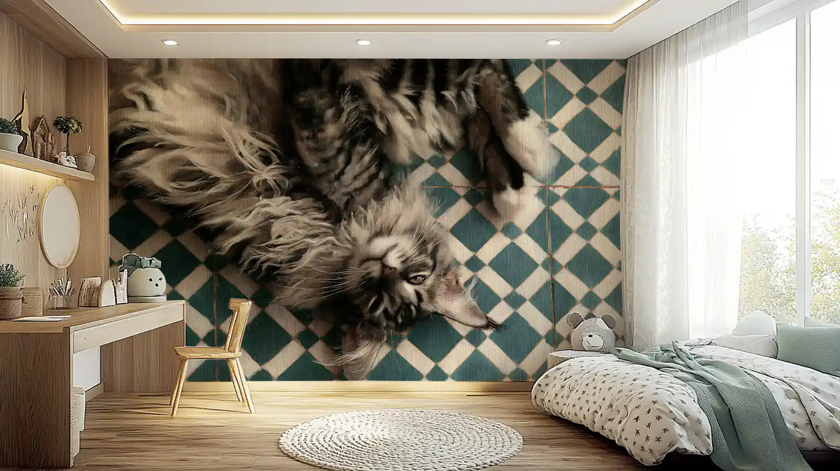 Resting Maine Coon on Geometric Tile Wall Mural
