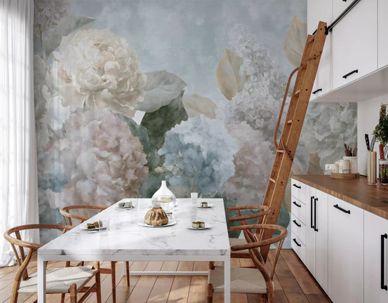 Peony wallpaper of vintage hydrangeas in a bright kitchen with marble dining table GD13126