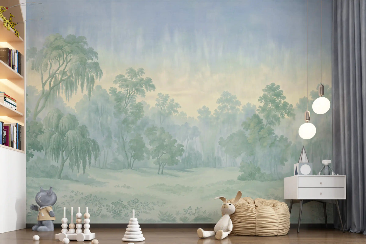 Misty Morning Forest Landscape Wall Mural