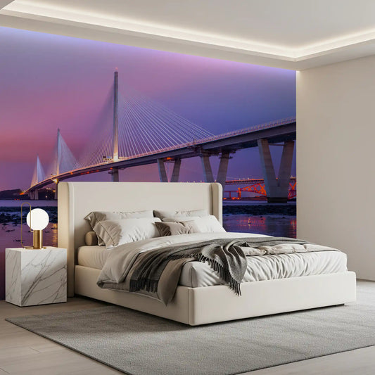 Architectural wallpaper of a purple sky bridge behind a white upholstered bed GD13136