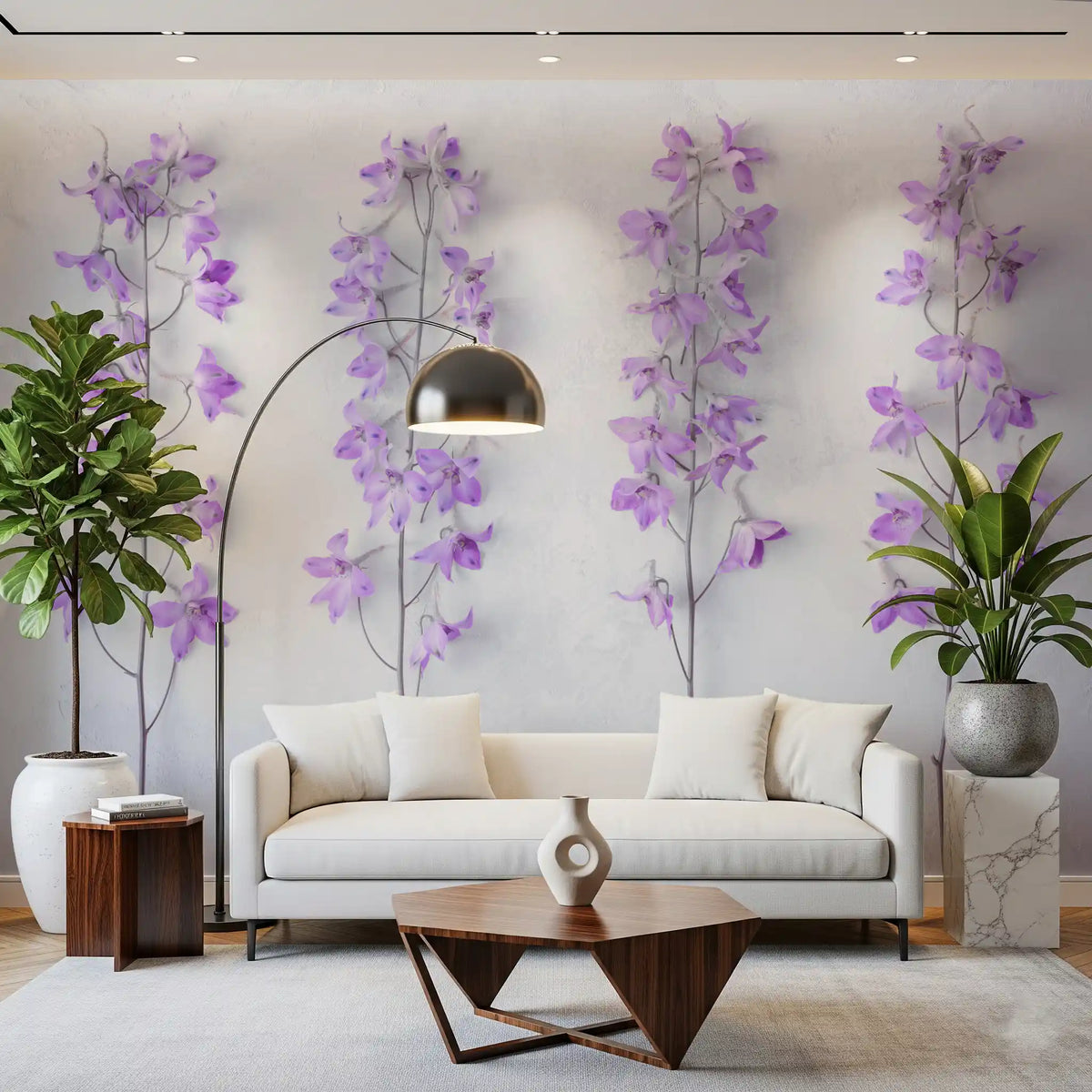 Lavender wallpaper behind a cream sofa with a black arc lamp and geometric wood table GD13138