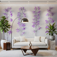 Lavender wallpaper behind a cream sofa with a black arc lamp and geometric wood table GD13138