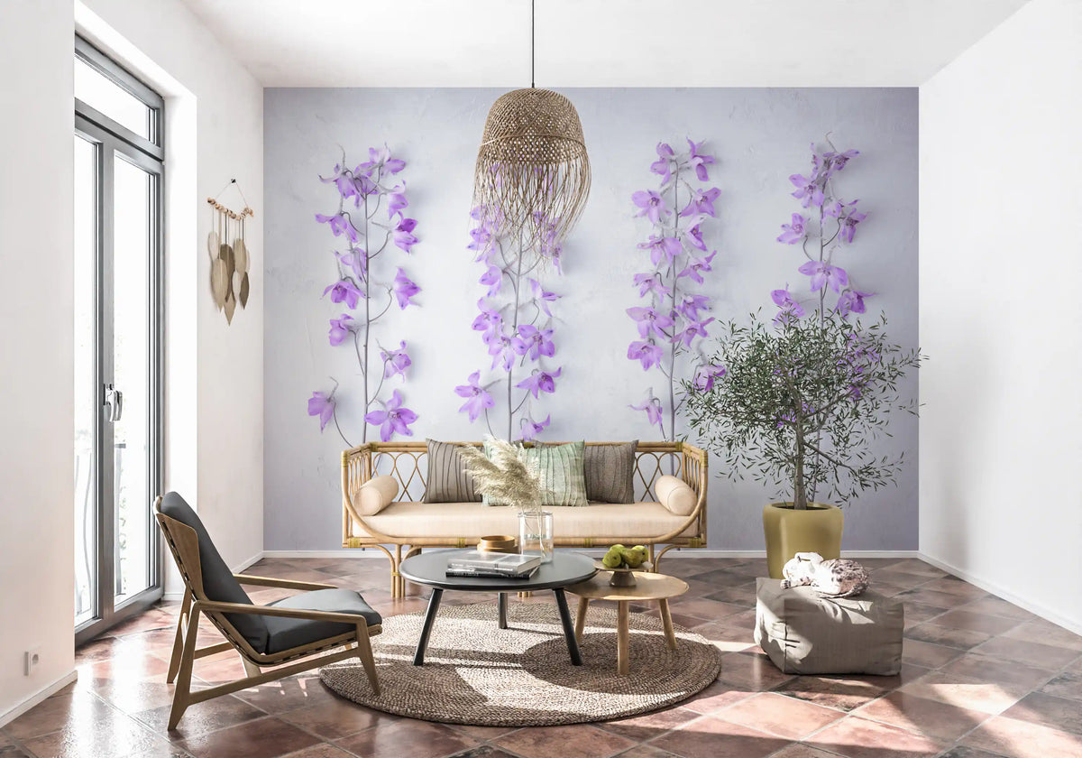 Delphinium wall design in a sunroom with a rattan sofa, black lounge chair and tile floor GD13138