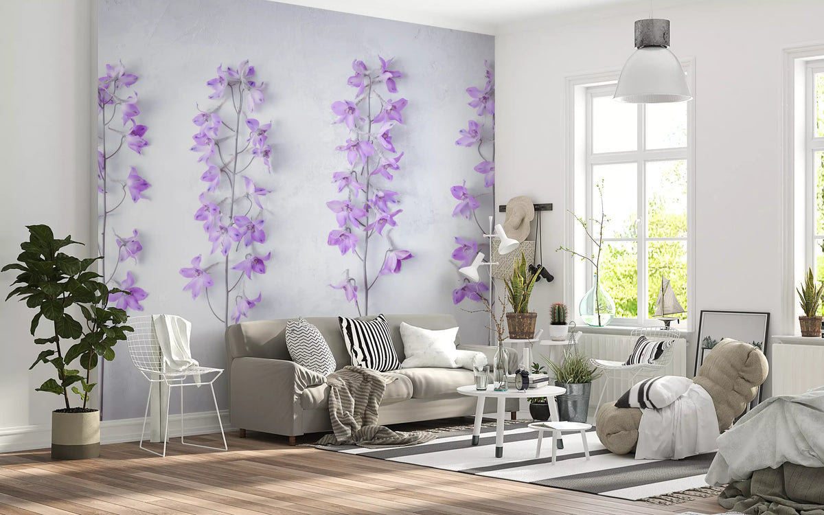 Purple flower stem wallpaper in a living room with a gray sofa and striped rug GD13138