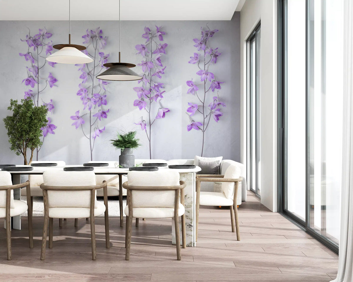 Lavender wallpaper in a bright dining room with cream chairs and black pendant lights GD13138
